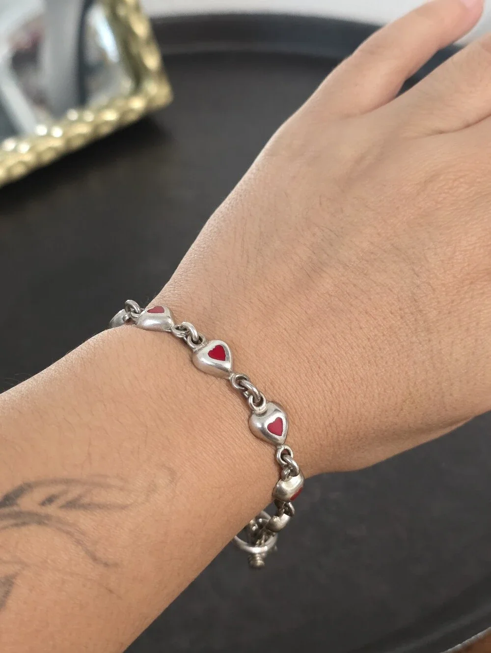 Vintage 925 Sterling Silver Red Enamel Heart Bracele